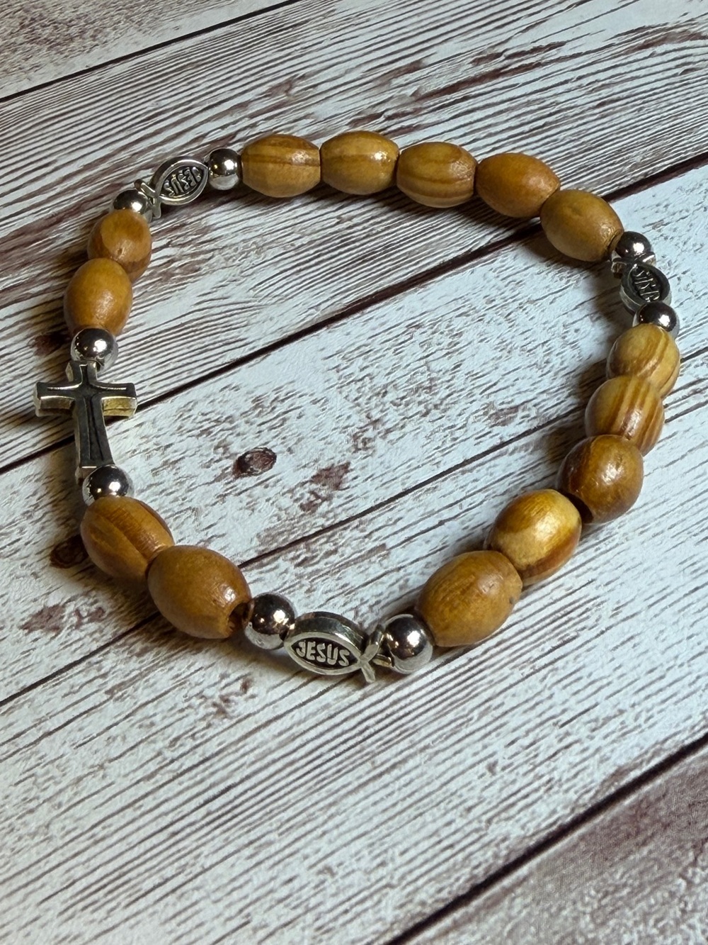 Olive Wood Bead Jesus Cross Stretch Bracelet - Brown